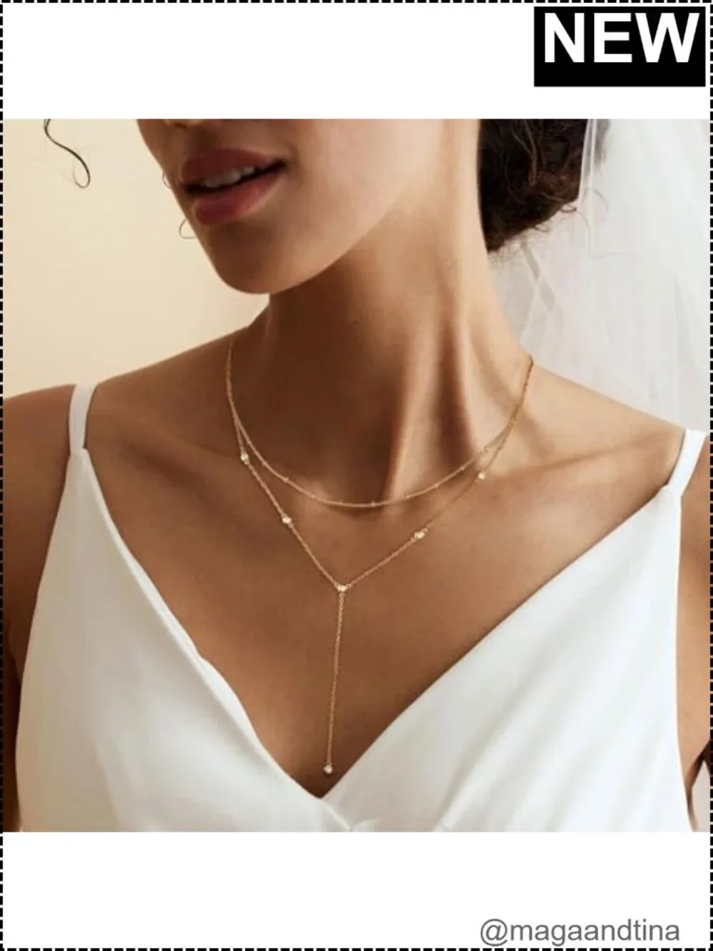 14k Gold Plated Dainty Lariat Necklace Layered Rope Chain Trendy